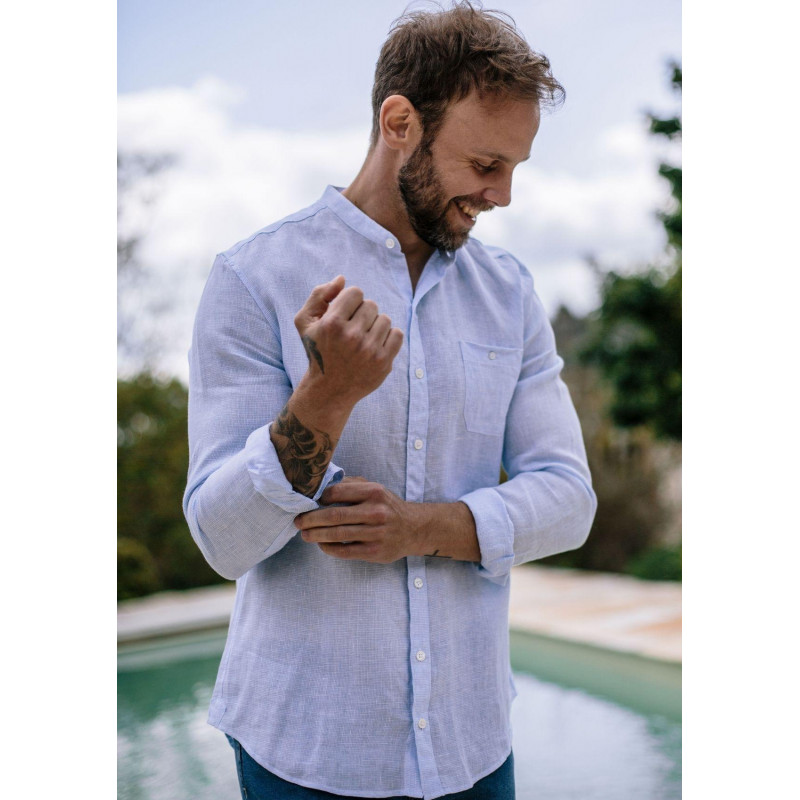 18pe-chemise-homme-bleu-ciel-carreaux-en-lin-col-mao-montlilin-1 18pe-chemise-homme-bleu-ciel-carreaux-en-lin-col-mao-montlilin-1