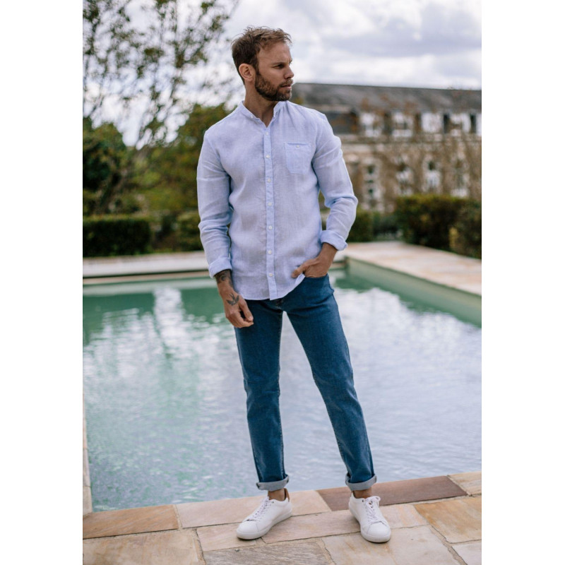 18pe-chemise-homme-bleu-ciel-carreaux-en-lin-col-mao-montlilin-3 18pe-chemise-homme-bleu-ciel-carreaux-en-lin-col-mao-montlilin-3