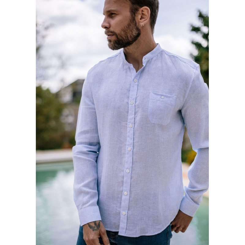 18pe-chemise-homme-bleu-ciel-carreaux-en-lin-col-mao-montlilin-4 18pe-chemise-homme-bleu-ciel-carreaux-en-lin-col-mao-montlilin-4