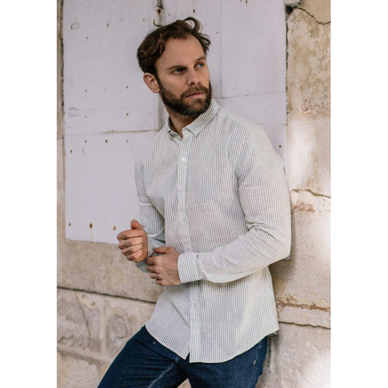 21pe-chemise-homme-centre-lin-olive-rayures-lin-col-boutonné-2 21pe-chemise-homme-centre-lin-olive-rayures-lin-col-boutonné-2
