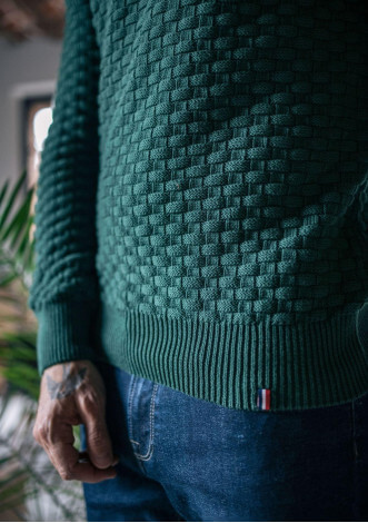 Pull maille fantaisie DAMIER vert made in France 100% coton biologique