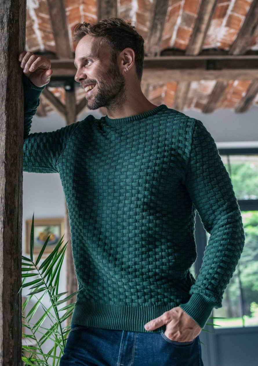 Pull maille fantaisie DAMIER vert made in France 100% coton biologique