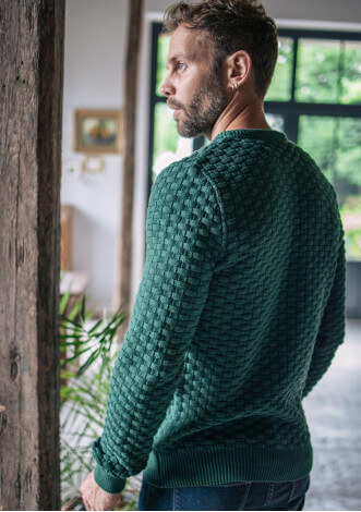 Pull maille fantaisie DAMIER vert made in France 100 coton biologique