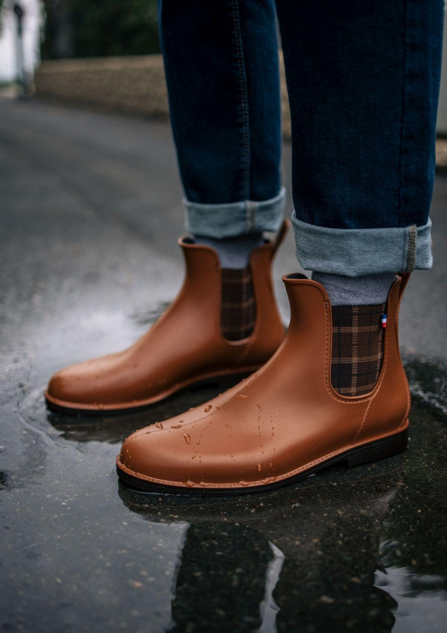 Boots homme MONTPLUIE cognac carreaux made in France en matière recyclable - Montlimart