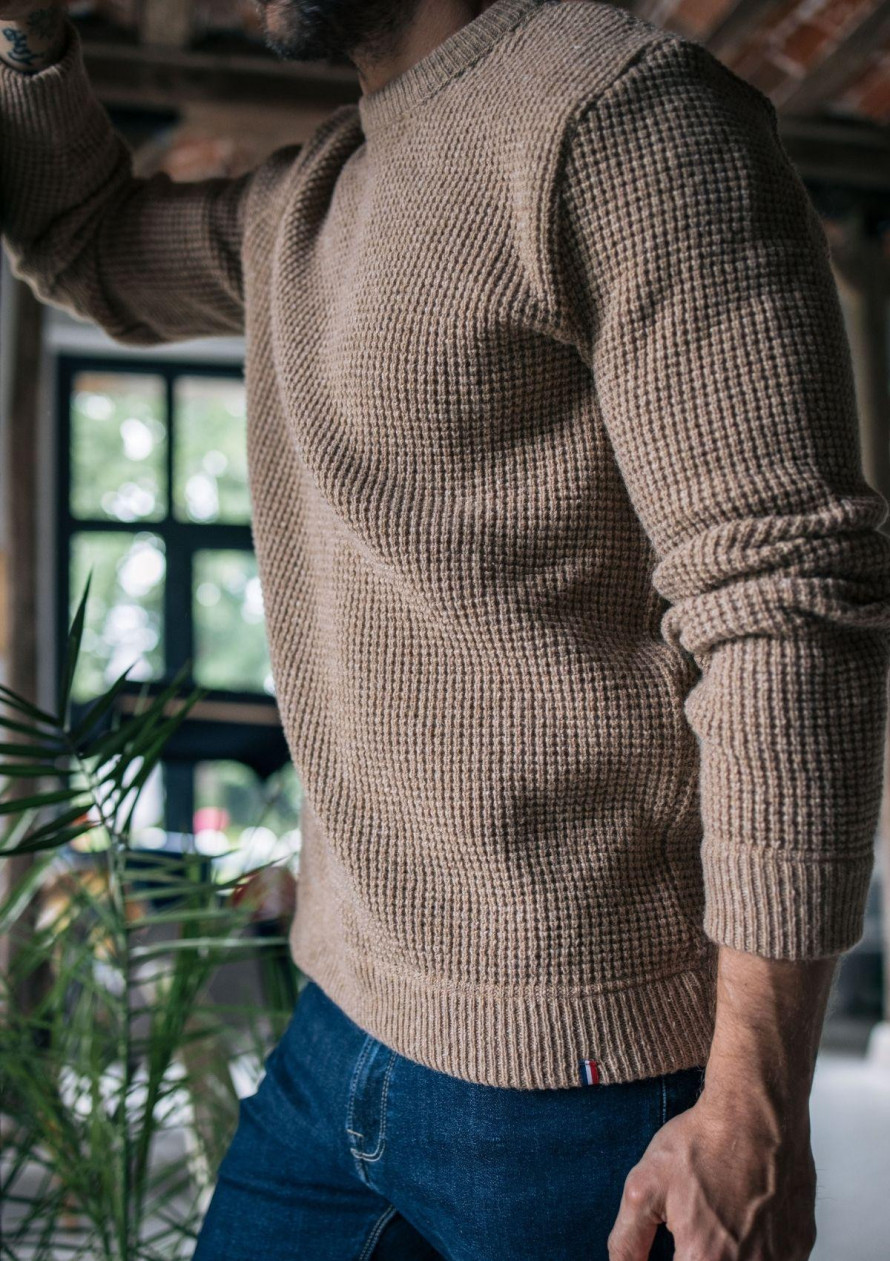 Pull maille homme ORIGINE beige made in France en matière recyclée -  Montlimart