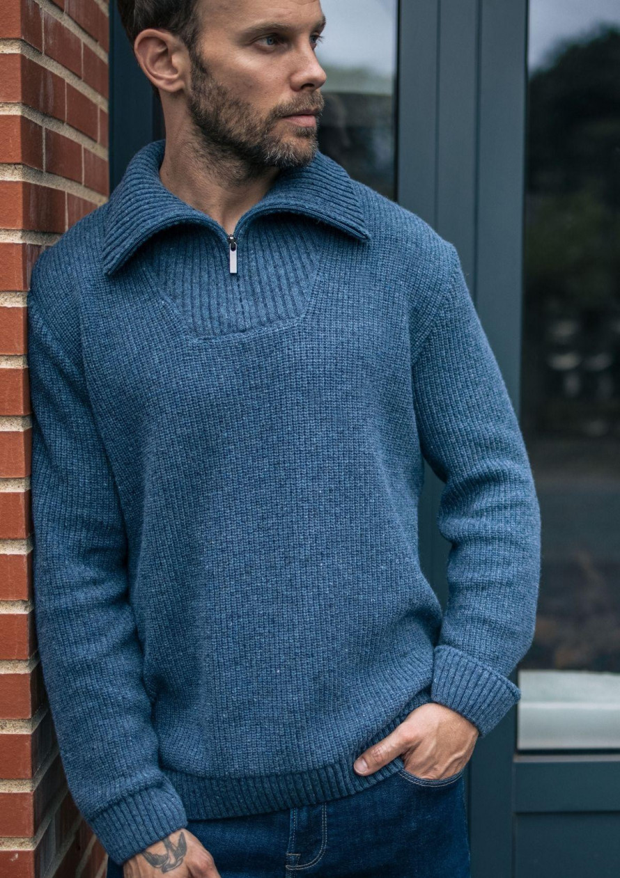 Pull col camionneur homme CHALEUREUX bleu made in France en matière recyclée