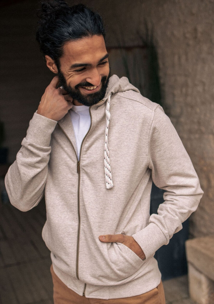 Gilet homme hoodie zippé sweat DETENTE beige en matières recyclées