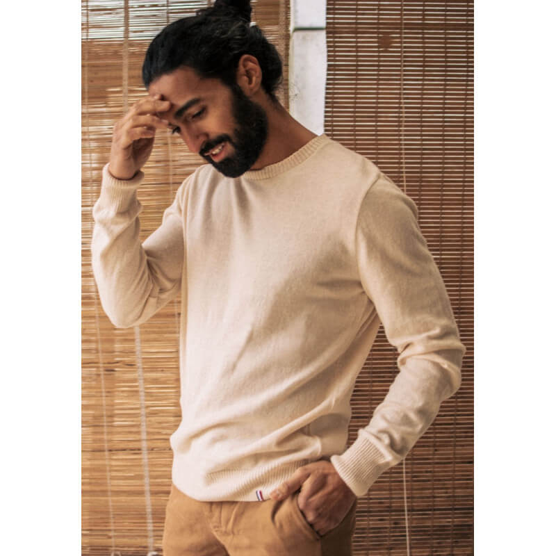 Pull maille fantaisie CONVICTION beige made in France 100 coton biologique et lin