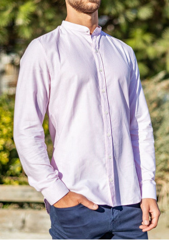 Chemise homme col mao Montlimart Rose rayures en coton