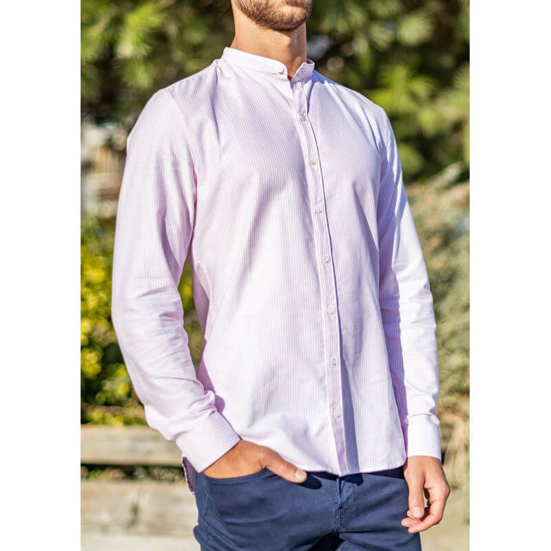 Chemise homme col mao Montlimart Rose rayures en coton Chemise homme col mao Montlimart Rose rayures en coton