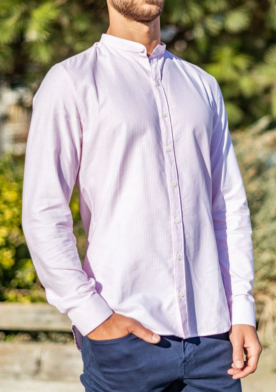 Chemise homme col mao Montlimart Rose rayures en coton