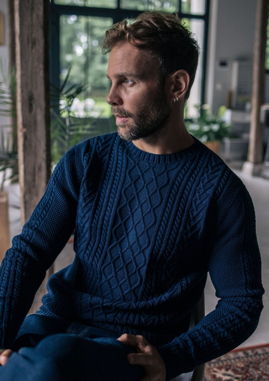 Pull maille fantaisie homme VERITABLE bleu marine made in France 100% en  coton biologique