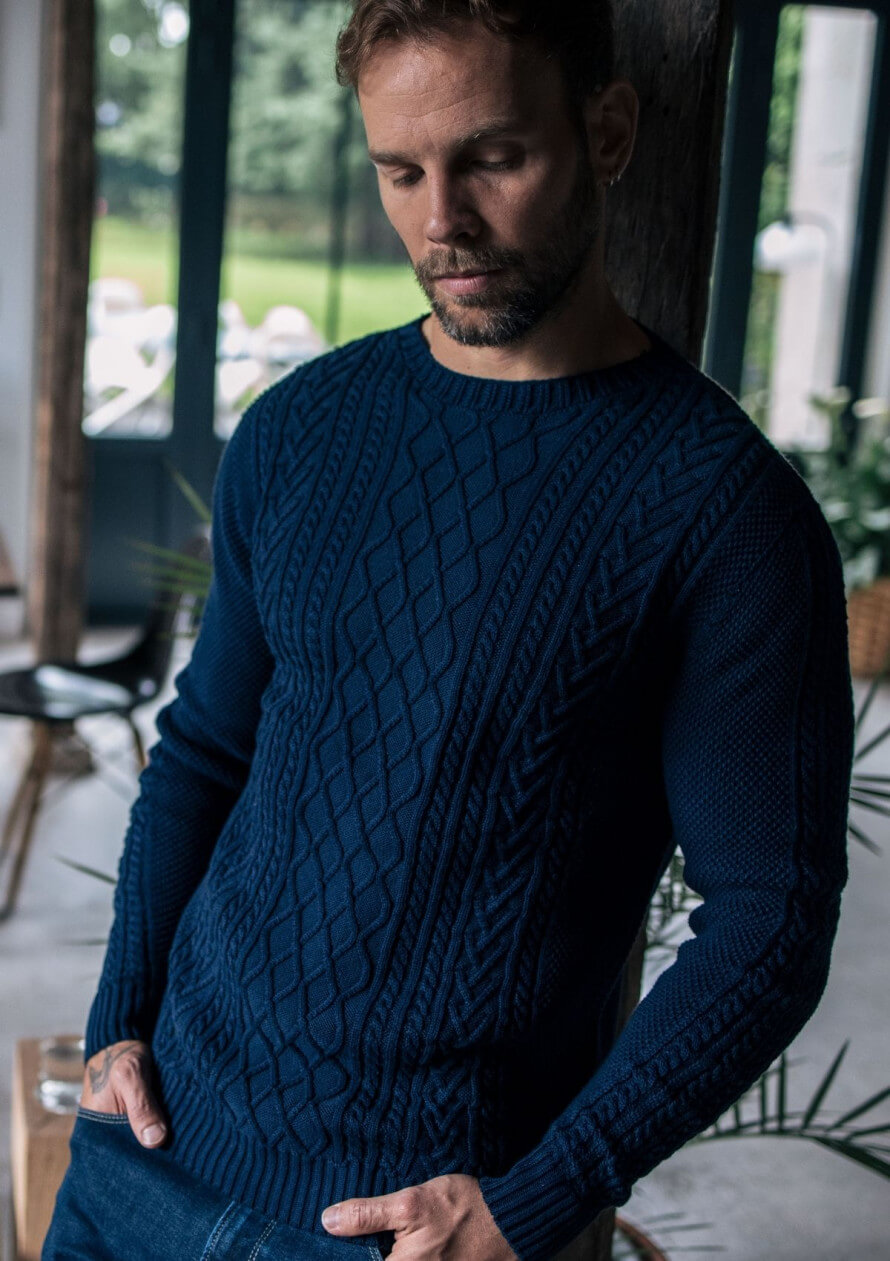 Pull maille fantaisie homme VERITABLE bleu marine made in France 100% en  coton biologique