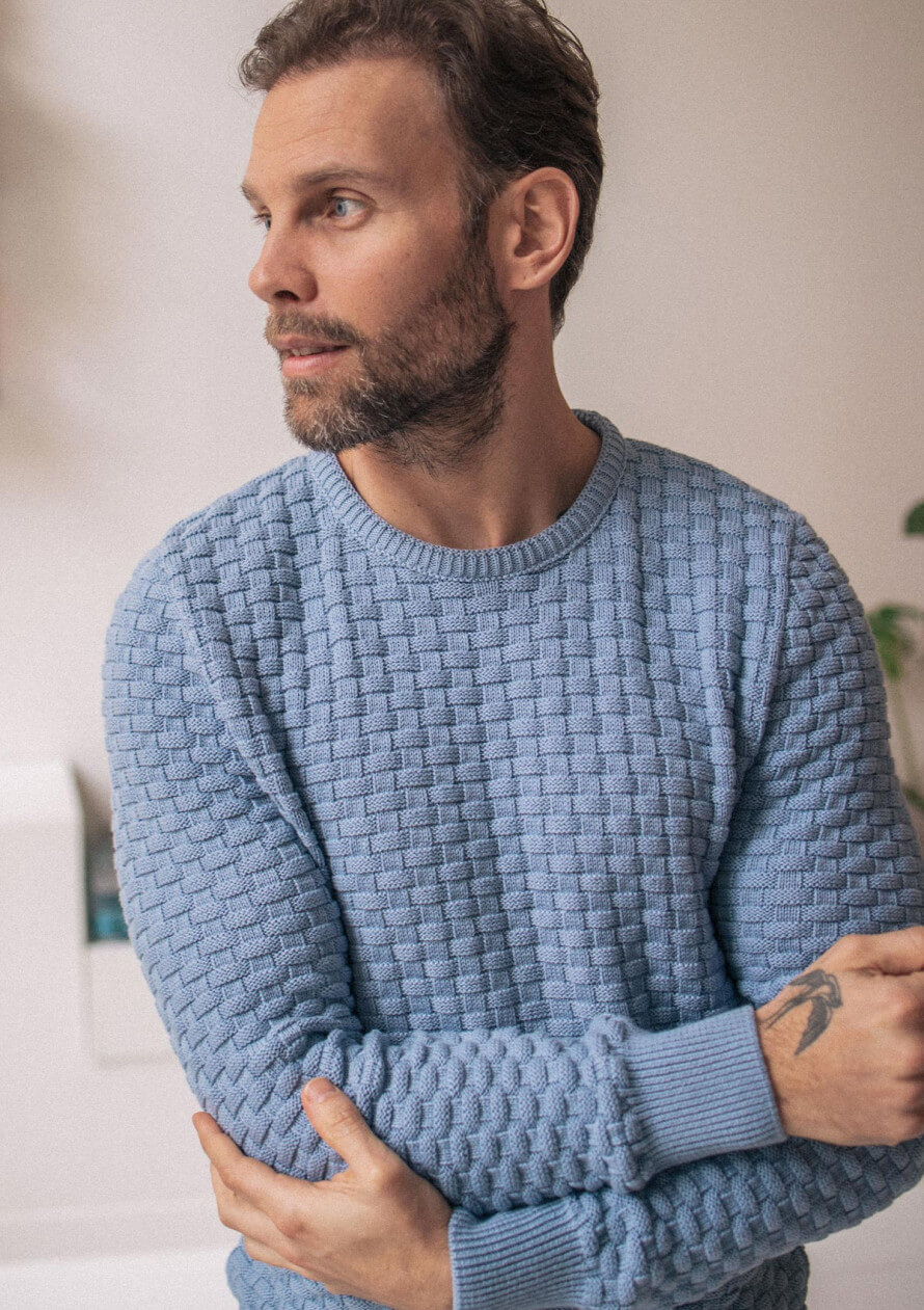 Pull maille fantaisie DAMIER bleu clair made in France 100 coton biologique
