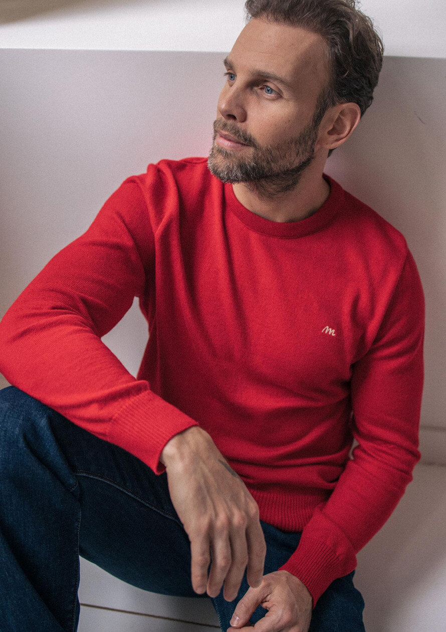 Pull maille homme VARIATION rouge made in France 100 coton biologique