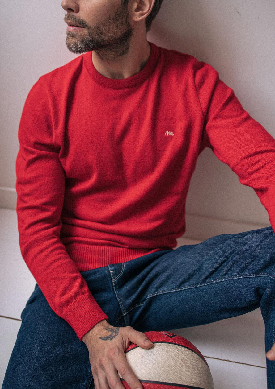 Pull maille homme VARIATION rouge made in France 100 coton biologique