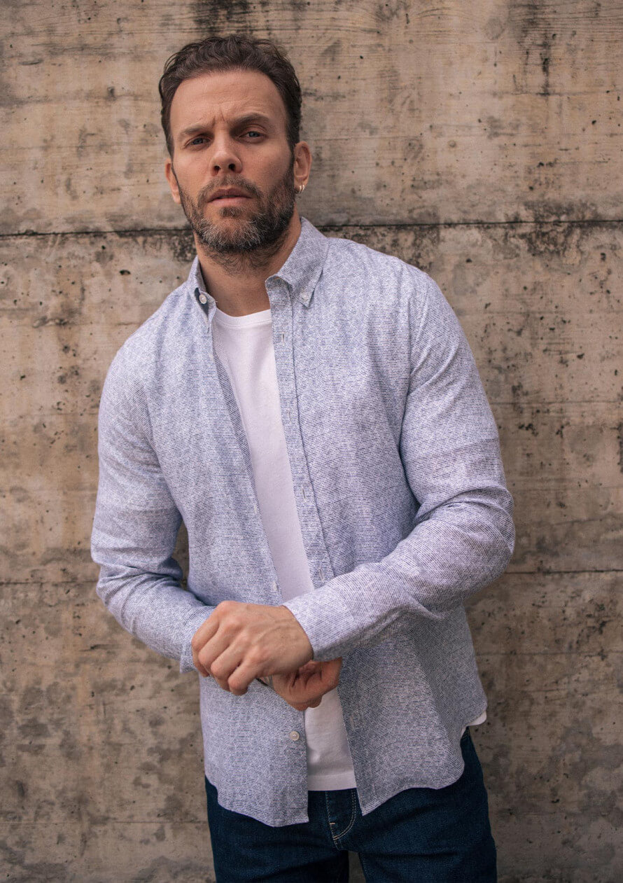 Chemise homme col boutonné CENTRE-LIN motifs marine en lin - Montlimart