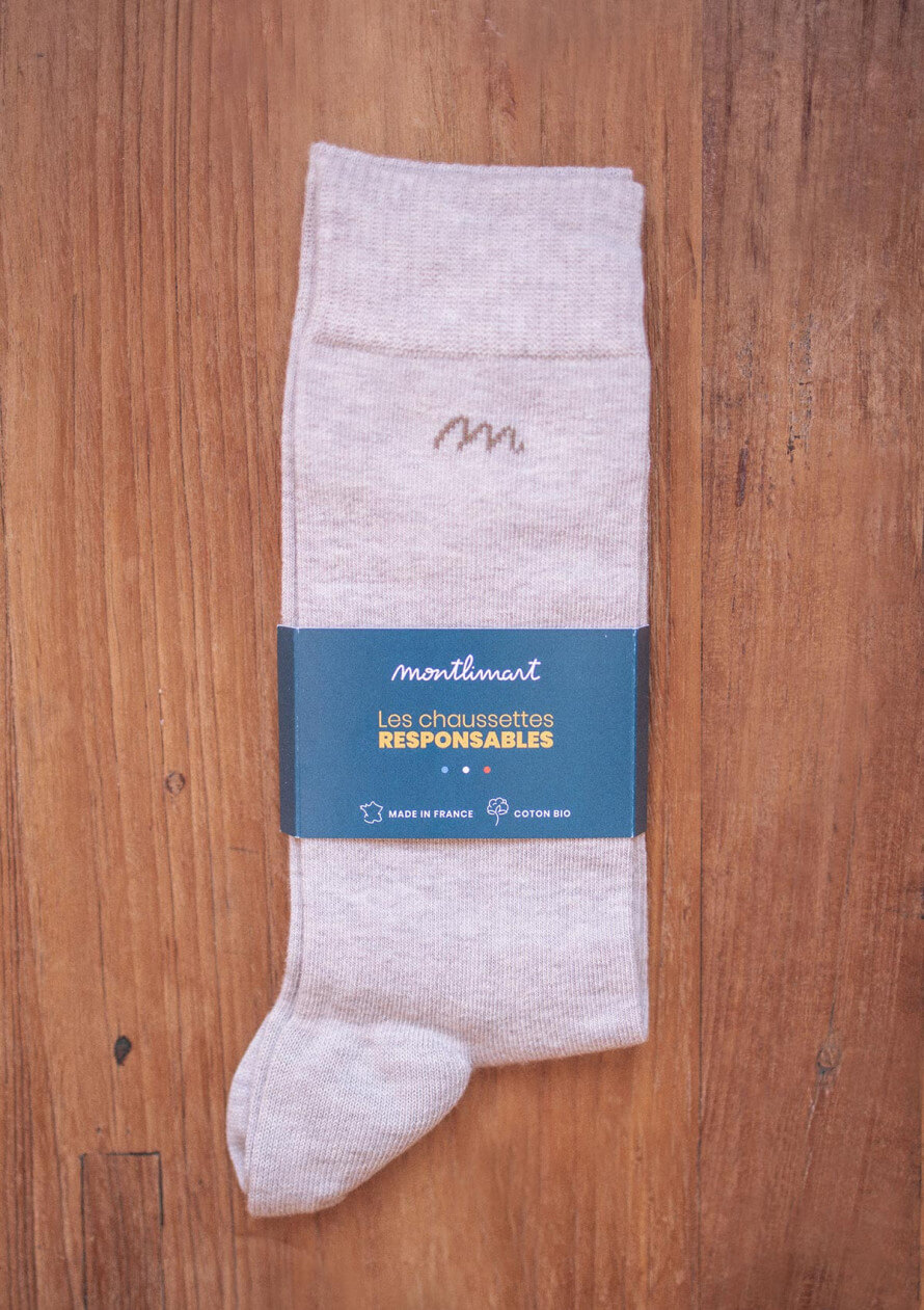 Chaussettes brodées homme MONTLISOCKS beige made in France en coton bio