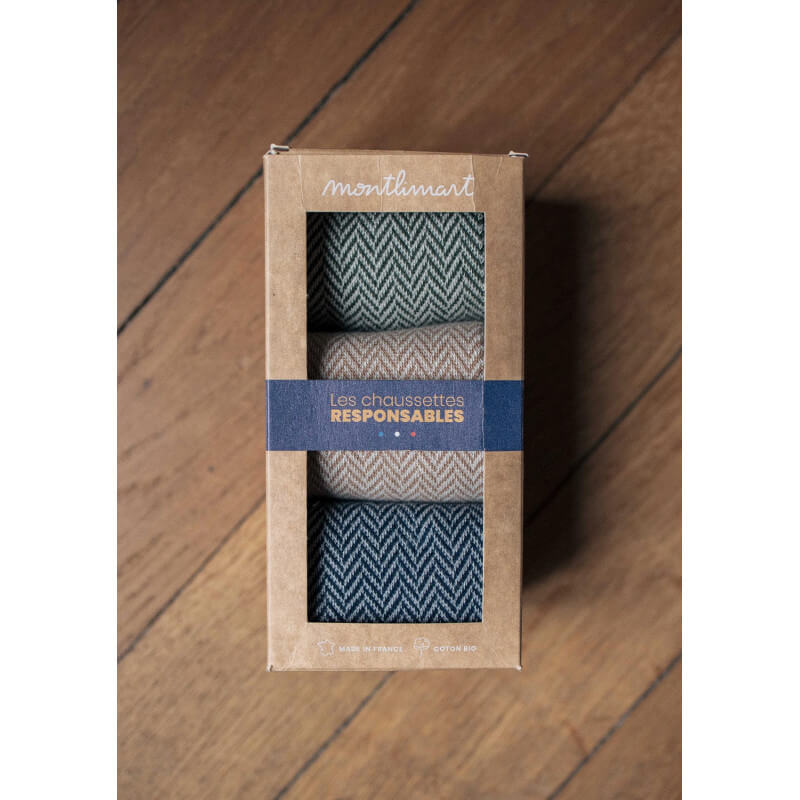 CHAUSSETTES COFFRET CHEVRON MARINE/MARRON/KAKI