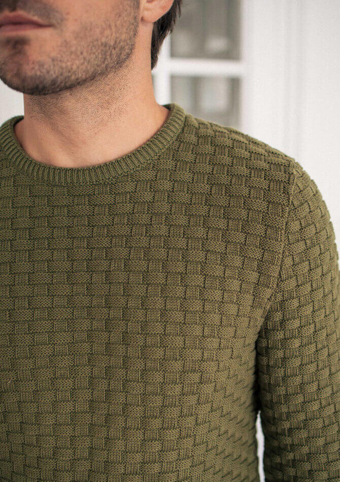 Pull maille fantaisie DAMIER vert made in France 100% coton biologique