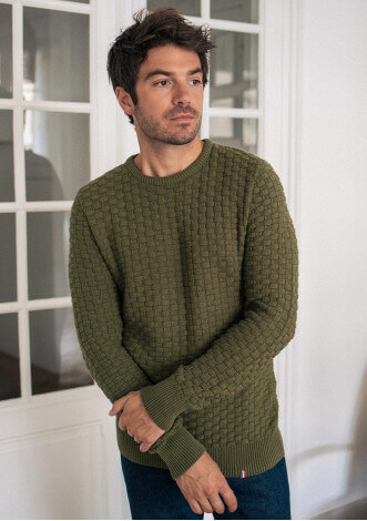 Pull maille fantaisie DAMIER vert made in France 100% coton biologique