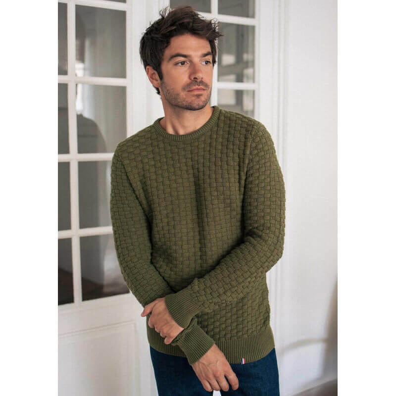 Pull maille fantaisie DAMIER vert made in France 100% coton biologique