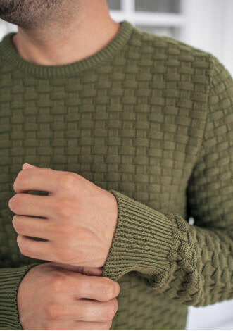 Pull maille fantaisie DAMIER vert made in France 100% coton biologique