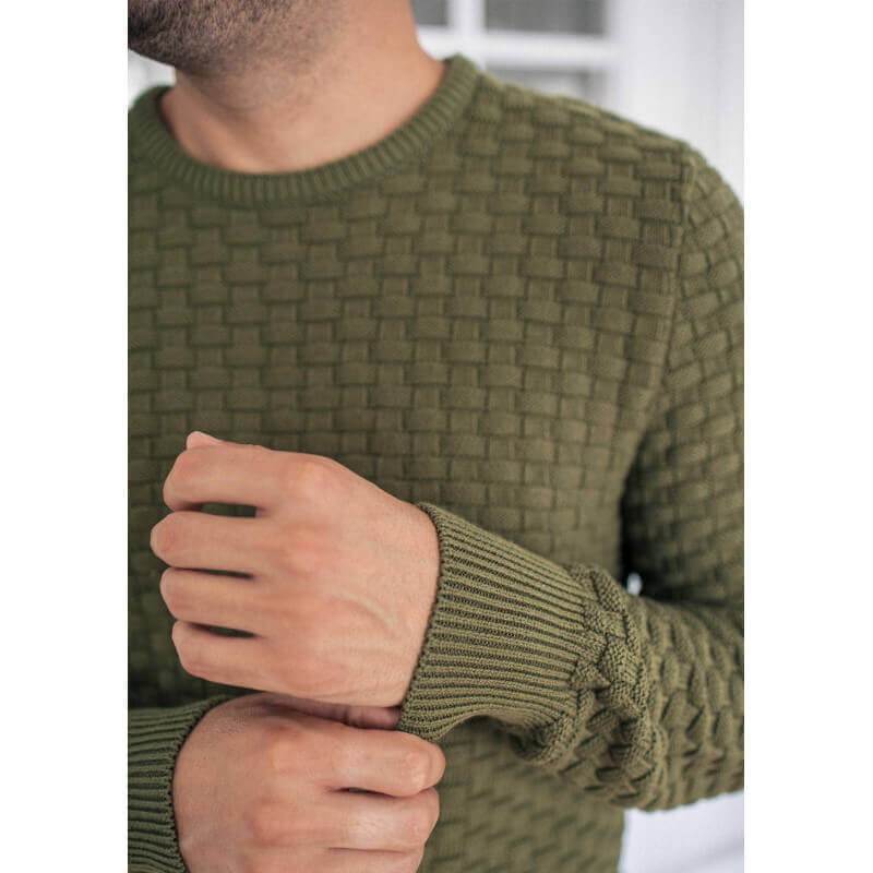 Pull maille fantaisie DAMIER vert made in France 100% coton biologique