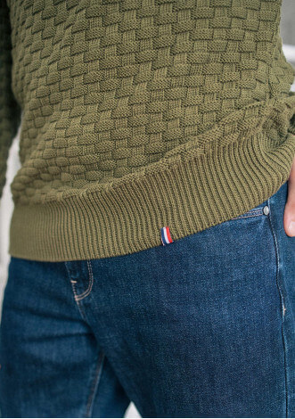 Pull maille fantaisie DAMIER vert made in France 100% coton biologique
