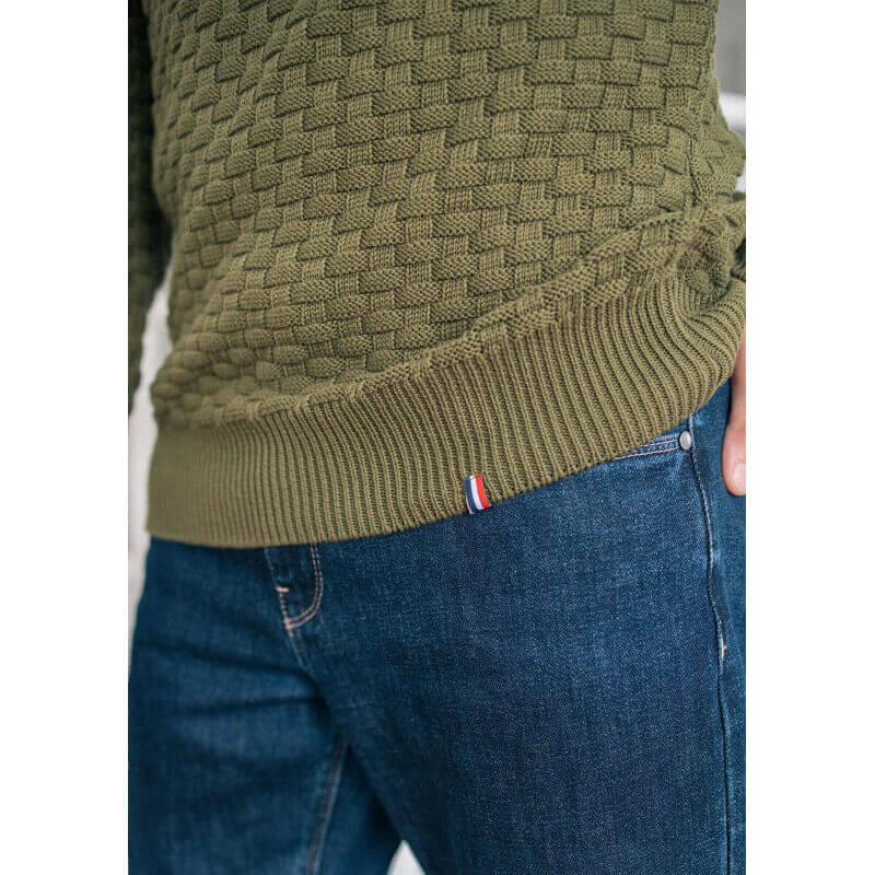 Pull maille fantaisie DAMIER vert made in France 100% coton biologique