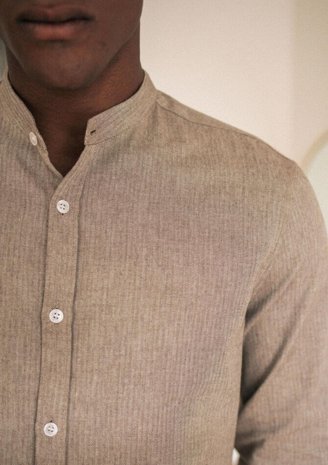 Chemise homme MONTLIMART col mao marron chevrons 100% coton  - Montlimart