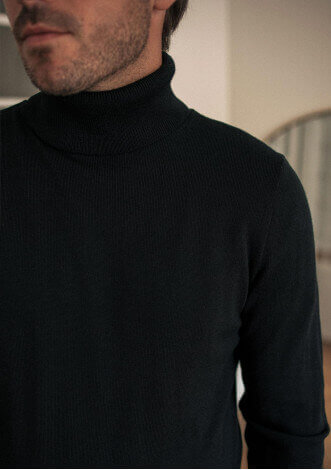 Pull homme OXYGENE noir col montant laine mérinos made in France - MONTLIMART