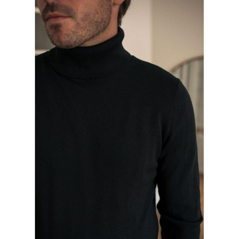 Pull homme OXYGENE noir col montant laine mérinos made in France - MONTLIMART Pull homme OXYGENE noir col montant laine mérinos made in France - MONTLIMART