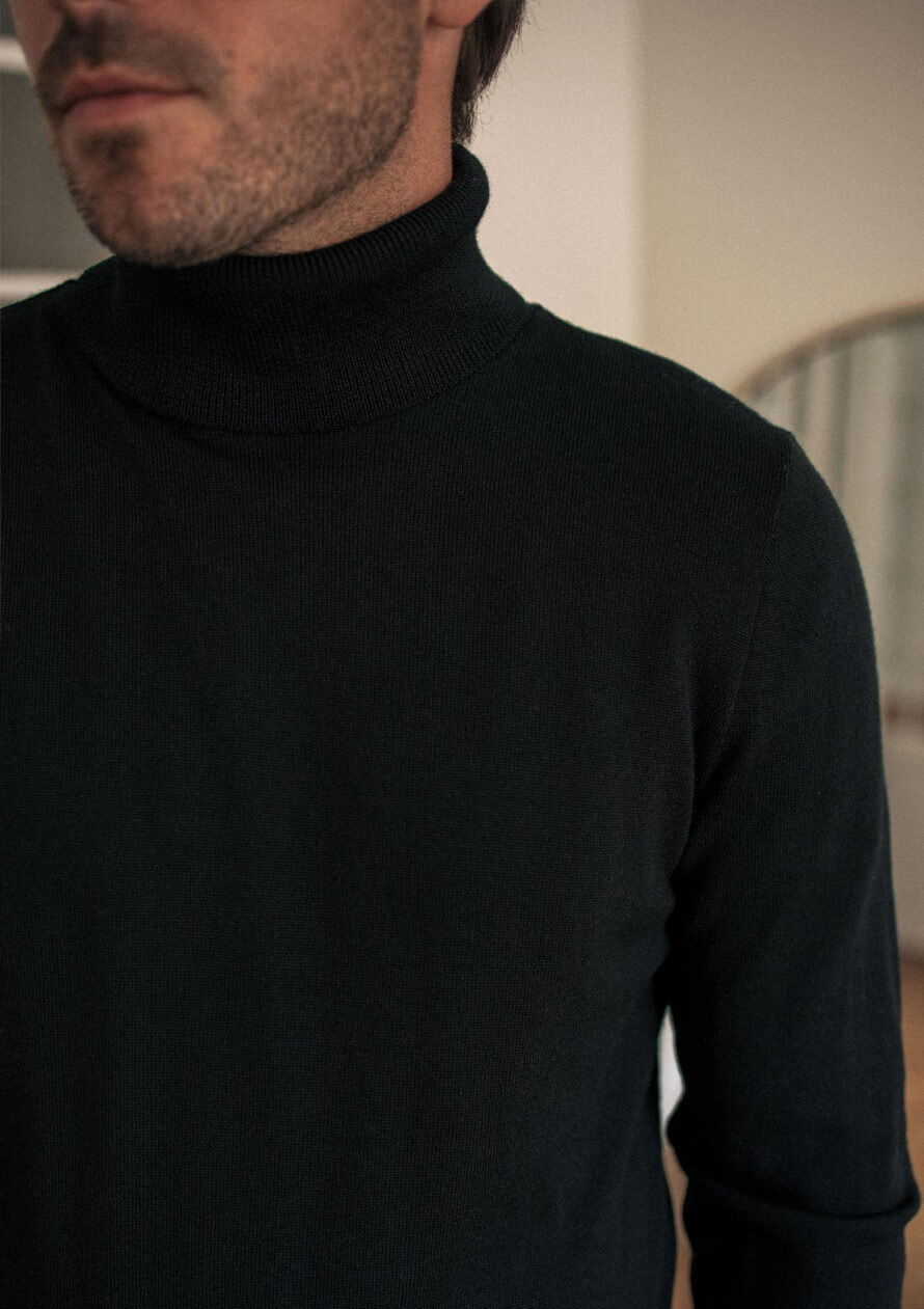 Pull homme OXYGENE noir col montant laine mérinos made in France - MONTLIMART