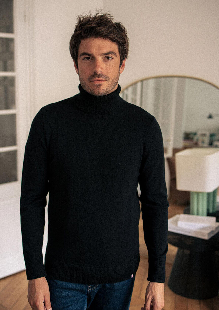 Pull homme OXYGENE noir col montant laine mérinos made in France - MONTLIMART