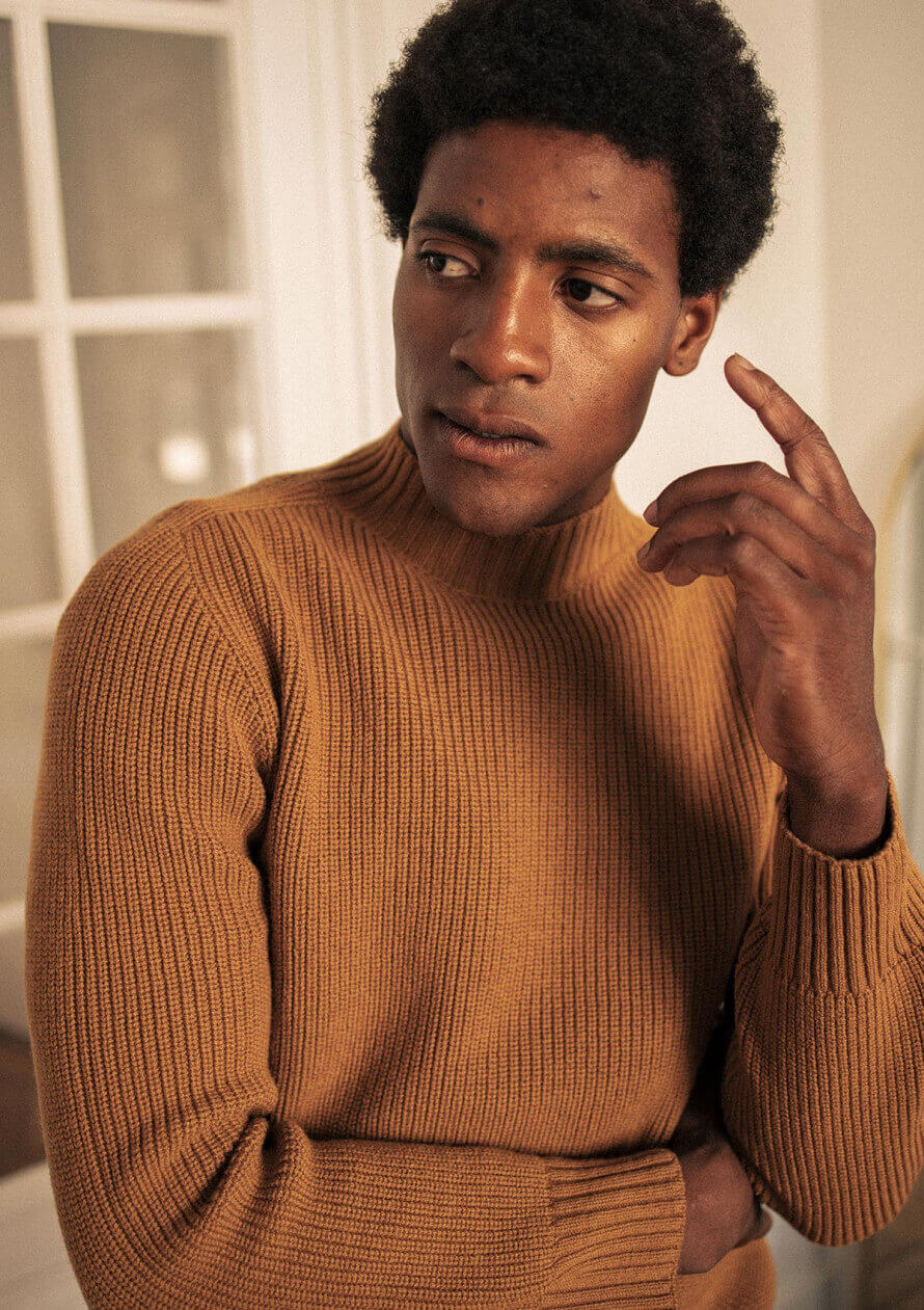 Pull homme SAISON moutarde en laine mérinos made in France - MONTLIMART