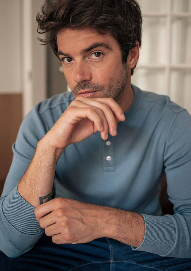 T-shirt henley manches longues homme RESPECT bleu coton bio - MONTLIMART