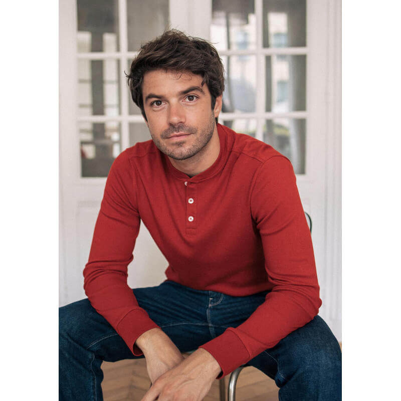 T-shirt henley manches longues homme RESPECT rouge coton bio - MONTLIMART