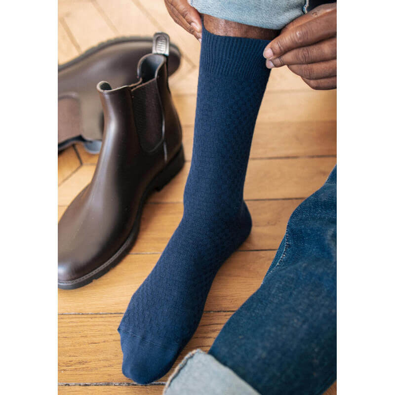 Chaussettes gaufrées ALVEOLE bleu coton bio made in France - MONTLIMART