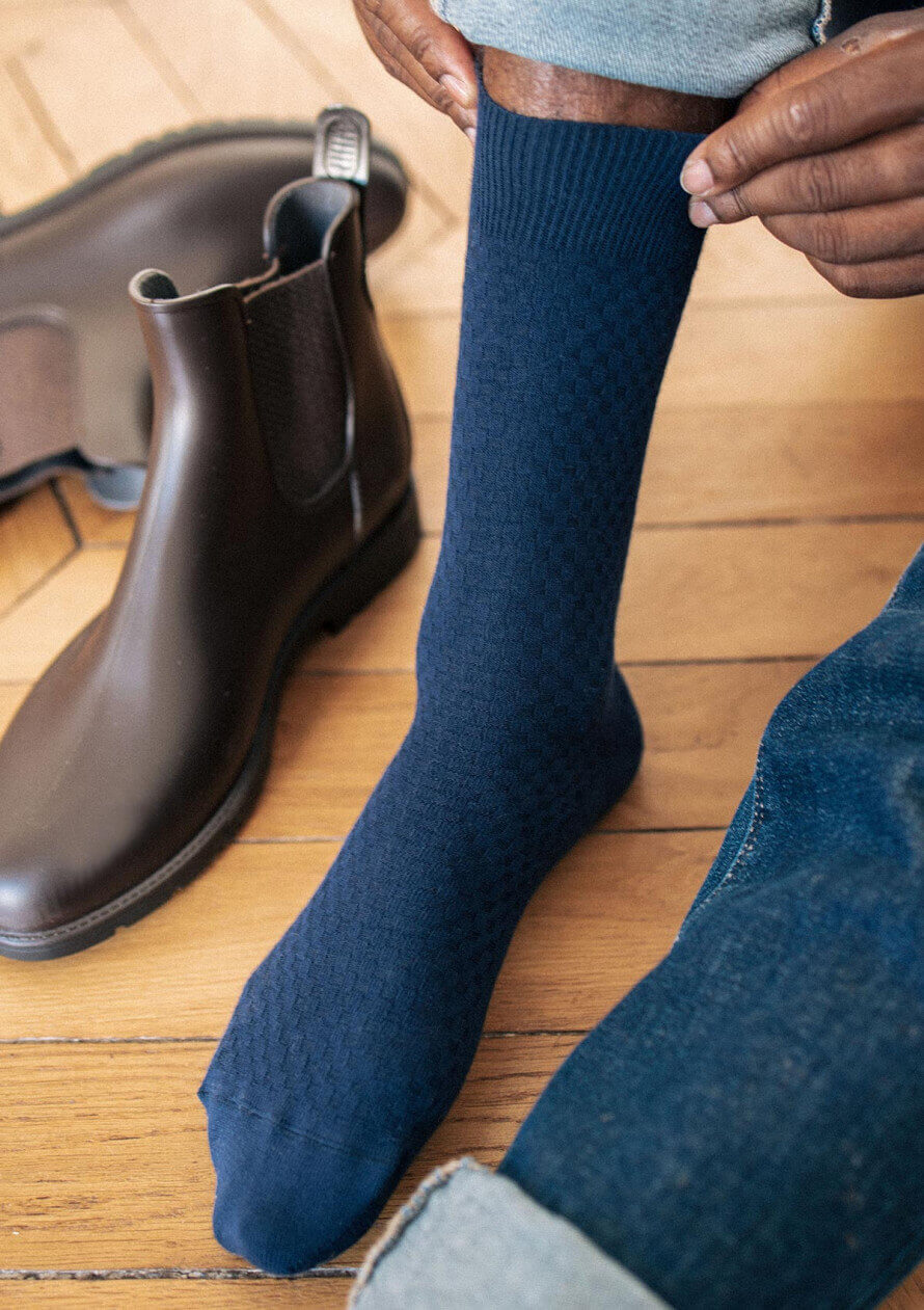 Chaussettes gaufrées ALVEOLE bleu coton bio made in France - MONTLIMART