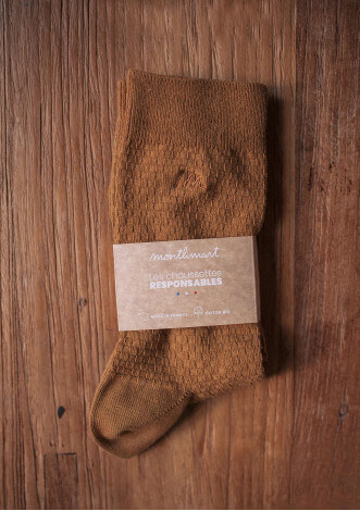 Chaussettes gaufrées ALVEOLE moutarde coton bio made in France - MONTLIMART