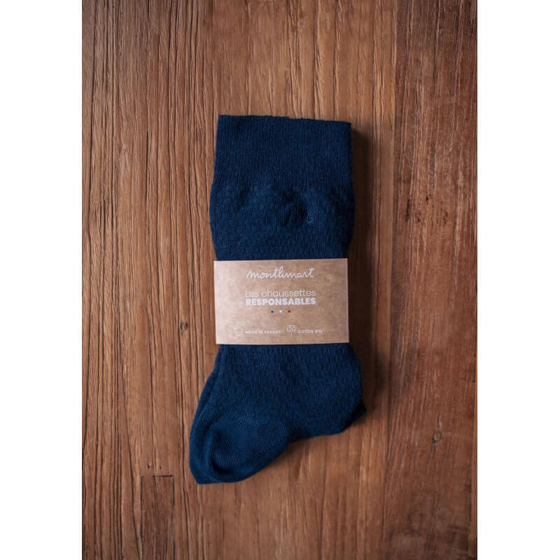 Chaussettes gaufrées ALVEOLE bleu coton bio made in France - MONTLIMART
