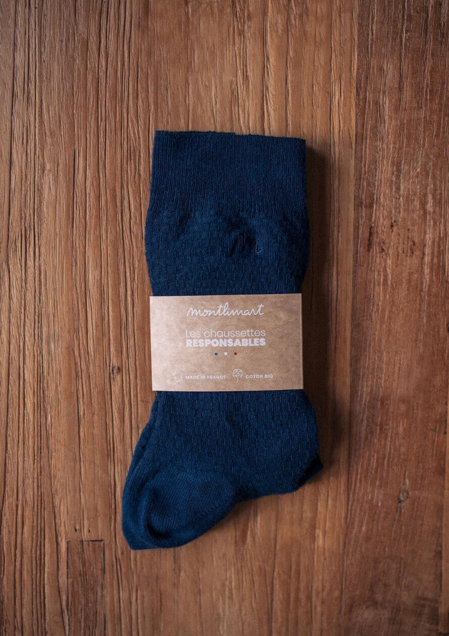 Chaussettes gaufrées ALVEOLE bleu coton bio made in France - MONTLIMART