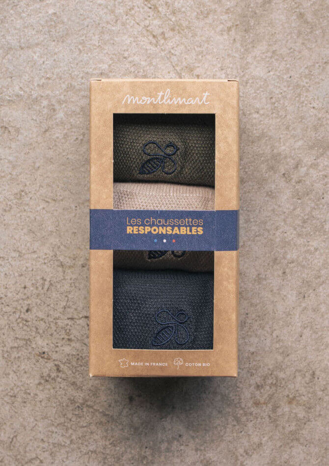 Coffret 3 chaussettes brodées homme MONTLISOCKS kaki beige anthra made in France en coton bio