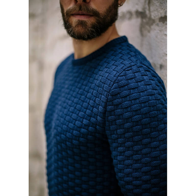 Pull maille fantaisie DAMIER bleu fonce made in France 100% coton biologique