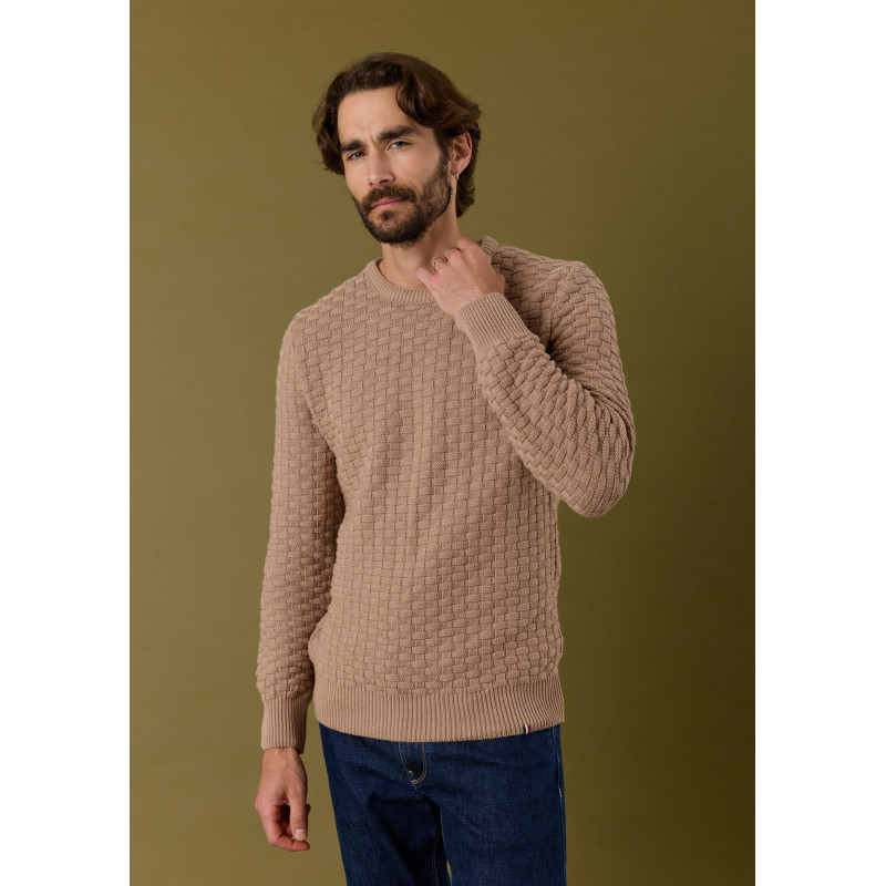 pull-homme-damier-taupe-coton-biologique-collection-automne-hiver-2026-2