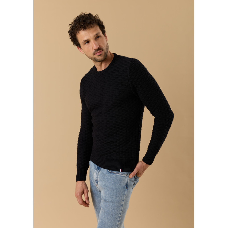 pull-homme-damier-noir-coton-biologique-collection-automne-hiver-2026-2
