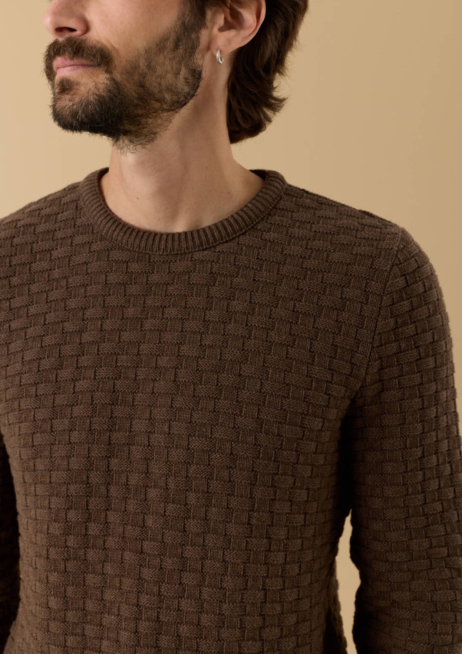 pull-homme-damier-marron-coton-biologique-collection-automne-hiver-2026-2