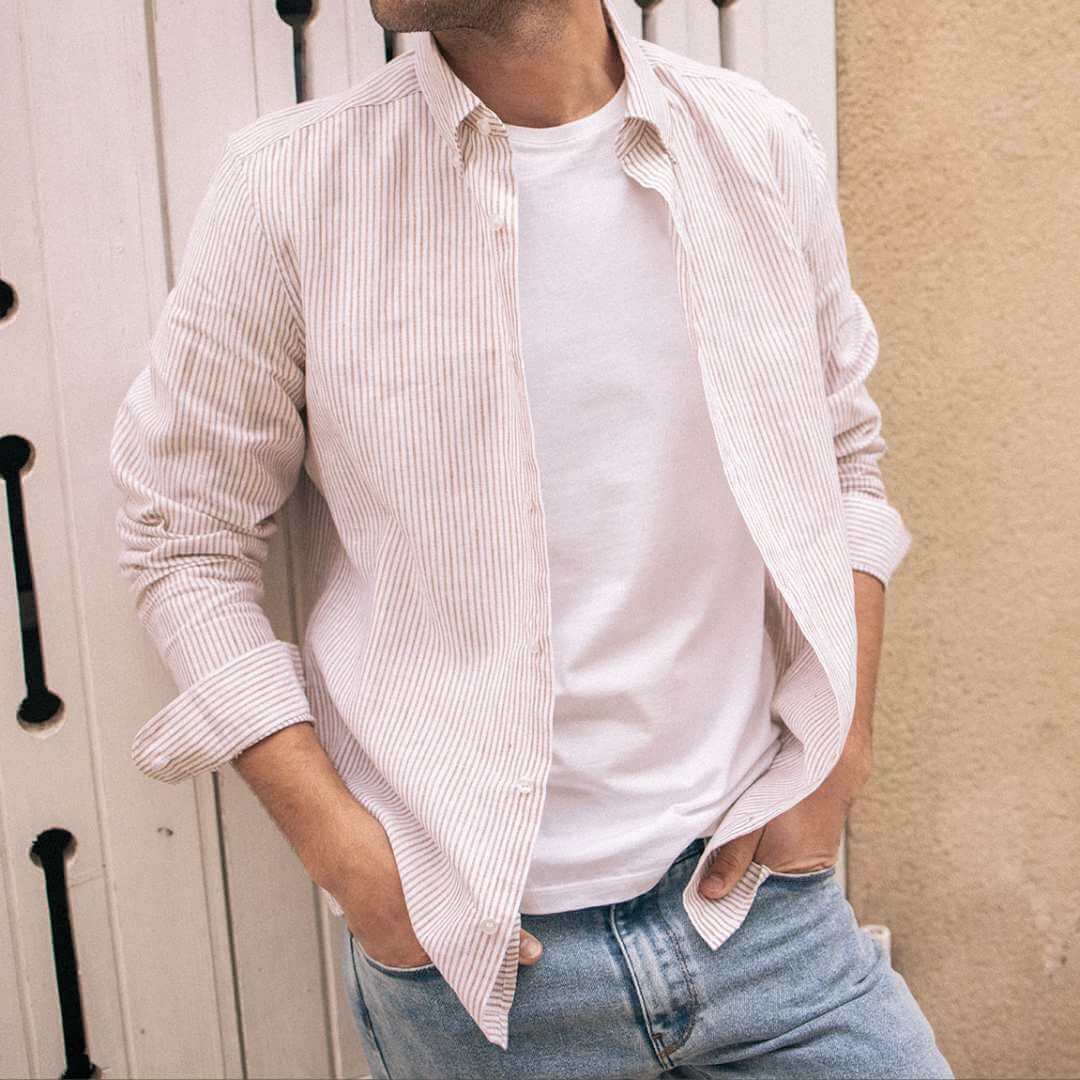 chemise en lin rayure terracotta homme